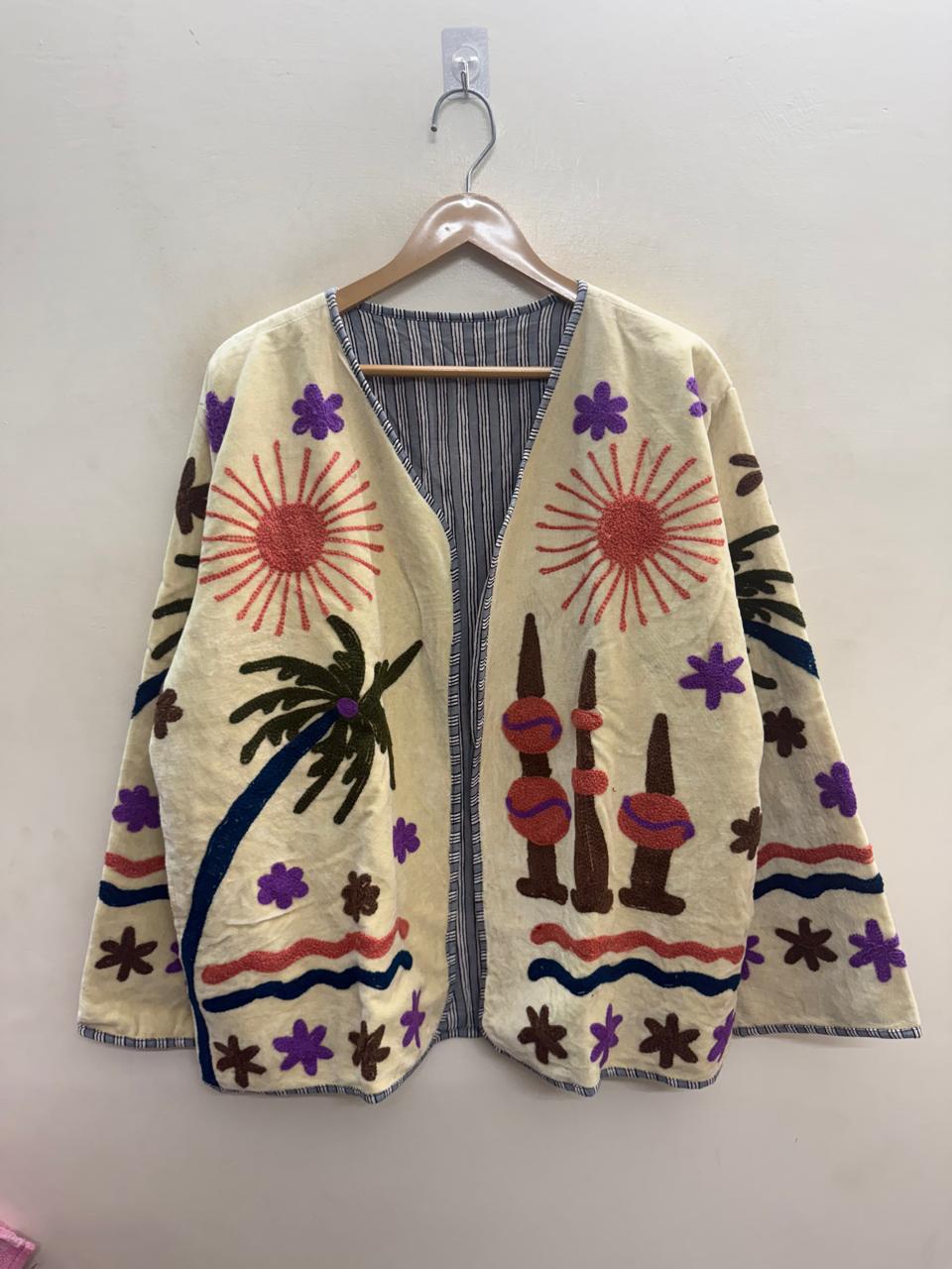 The Oasis Suzani — Hand-Embroidered Velvet Jacket — Ivory with Coral Sunbursts