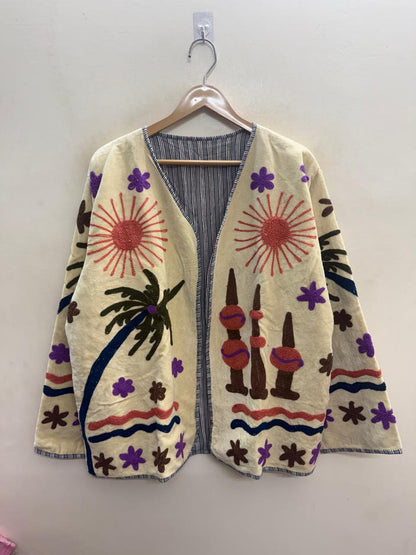 The Oasis Suzani — Hand-Embroidered Velvet Jacket — Ivory with Coral Sunbursts