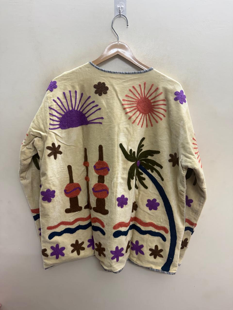 The Oasis Suzani — Hand-Embroidered Velvet Jacket — Ivory with Coral Sunbursts