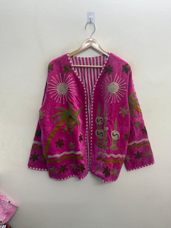 The Marusthali Sun — Suzani Embroidered Velvet Jacket — Magenta Pink