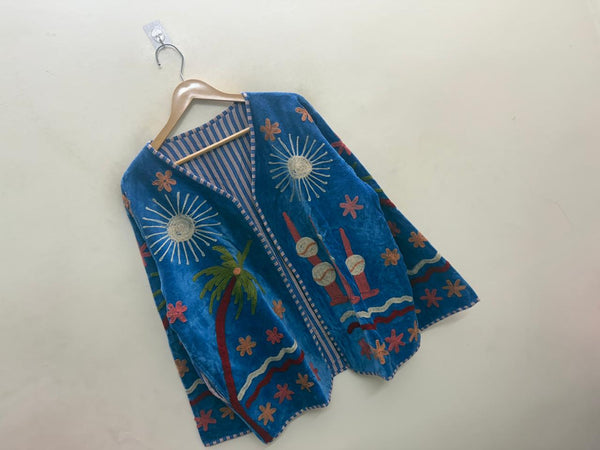 The Desert Nightfall — Suzani-Embroidered Velvet Jacket — Cobalt Blue with Sunburst & Palm Motifs