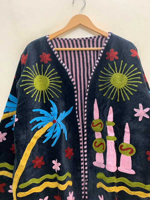 The Sundown Oasis — Suzani-Embroidered Velvet Jacket — Midnight Black with Marigold Sunbursts
