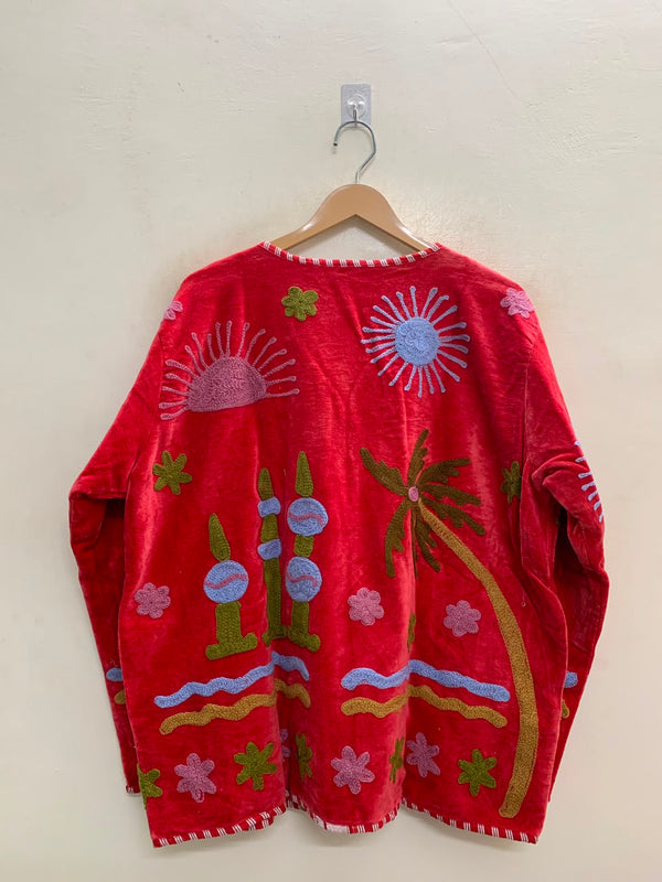 The Desert Dusk — Suzani-Embroidered Velvet Jacket — Crimson Red with Sage & Sky Blue Motifs