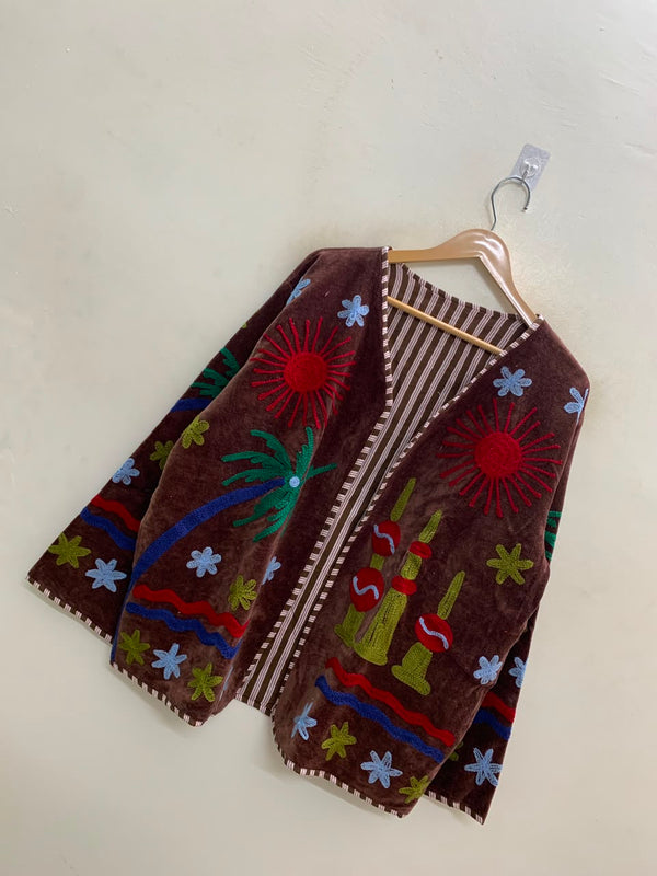 The Desert Sun Wrap — Suzani-Embroidered Velvet Jacket — Espresso Brown