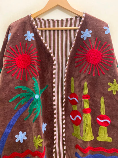 The Desert Sun Wrap — Suzani-Embroidered Velvet Jacket — Espresso Brown
