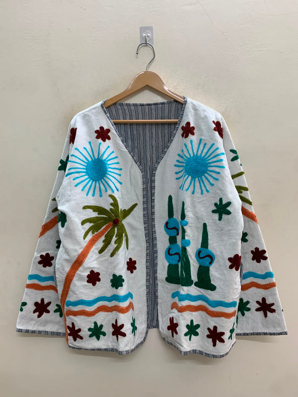 The Marusthal Oasis — Suzani Embroidered Velvet Jacket — Ivory & Turquoise