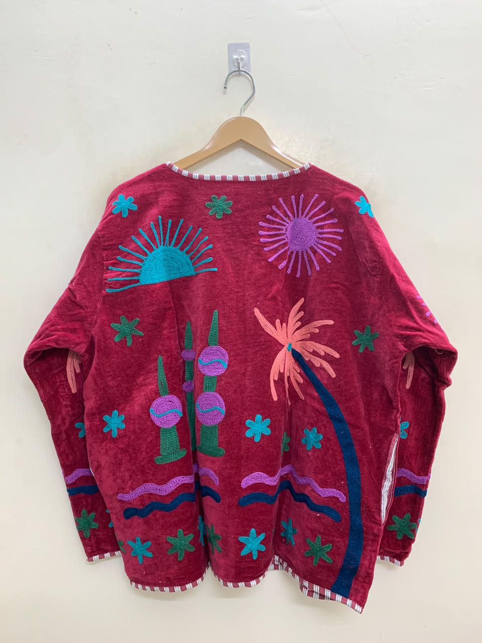 The Desert Oasis — Hand-Embroidered Suzani Velvet Jacket — Crimson Red