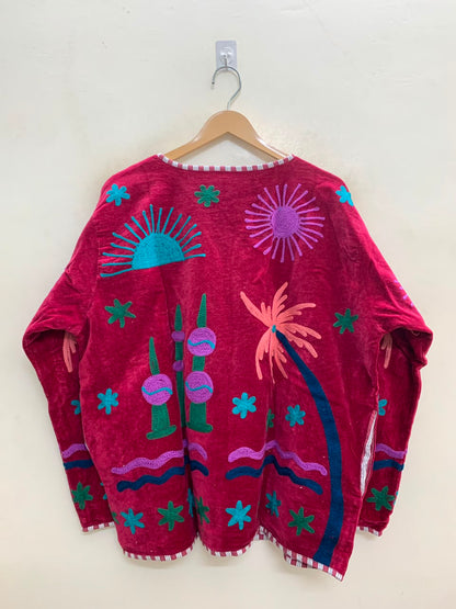 The Desert Oasis — Hand-Embroidered Suzani Velvet Jacket — Crimson Red
