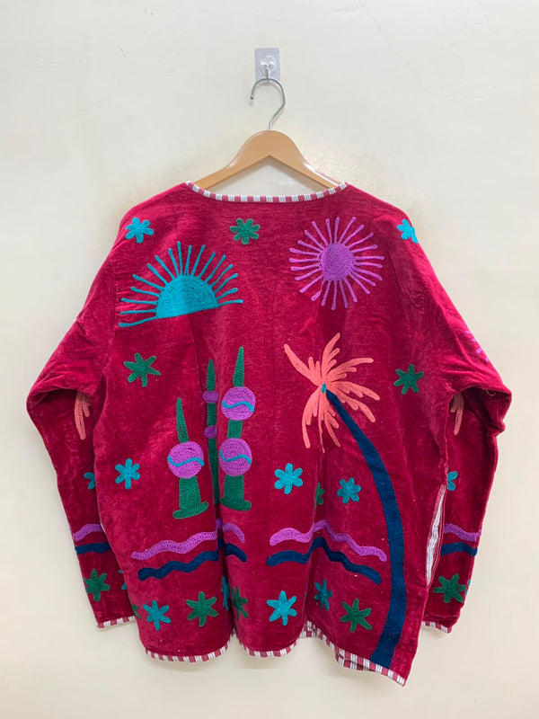 The Desert Oasis — Hand-Embroidered Suzani Velvet Jacket — Crimson Red