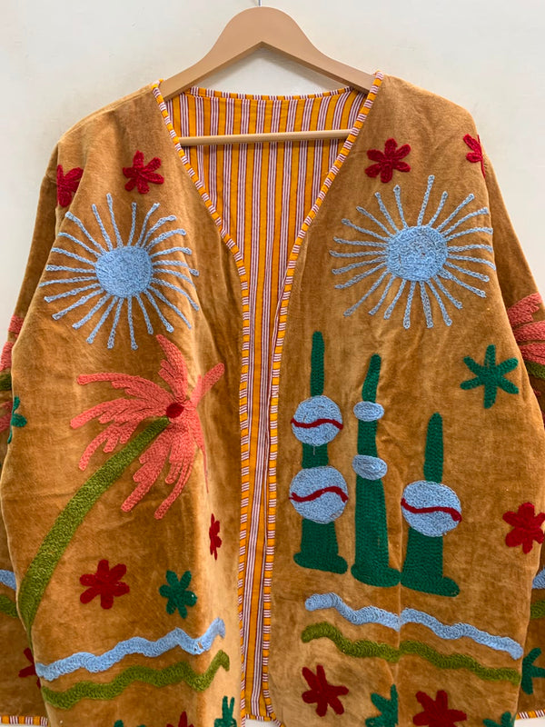 The Marigold Minaret — Suzani Hand-Embroidered Velvet Jacket — Mustard Gold with Sky Blue & Coral