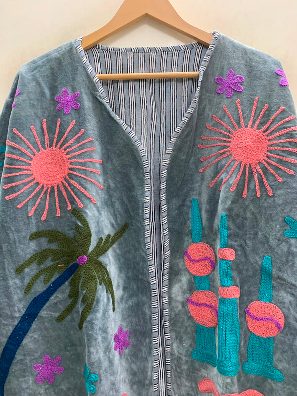 The Thar Oasis — Suzani Hand-Embroidered Velvet Jacket — Slate Grey