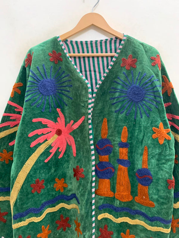 The Desert Lantern — Suzani Embroidered Velvet Jacket — Emerald Green with Sapphire & Marigold