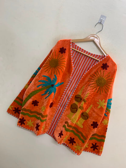 The Desert Oasis — Suzani-Embroidered Velvet Jacket — Sunbaked Orange
