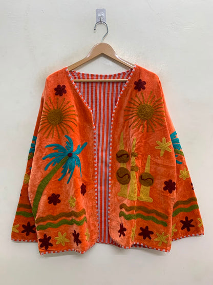 The Desert Oasis — Suzani-Embroidered Velvet Jacket — Sunbaked Orange