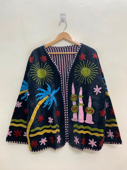 The Sundown Oasis — Suzani-Embroidered Velvet Jacket — Midnight Black with Marigold Sunbursts
