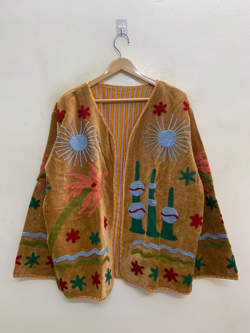 The Marigold Minaret — Suzani Hand-Embroidered Velvet Jacket — Mustard Gold with Sky Blue & Coral