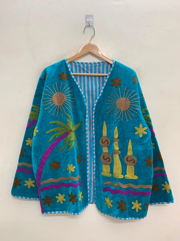 The Desert Oasis — Suzani-Embroidered Velvet Jacket — Turquoise with Marigold Sun Motifs