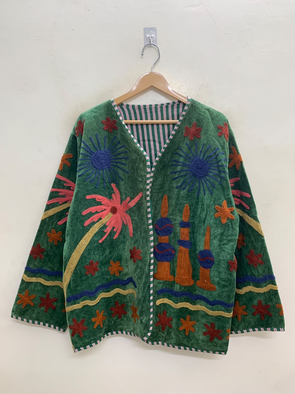 The Desert Lantern — Suzani Embroidered Velvet Jacket — Emerald Green with Sapphire & Marigold