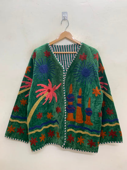 The Desert Lantern — Suzani Embroidered Velvet Jacket — Emerald Green with Sapphire & Marigold