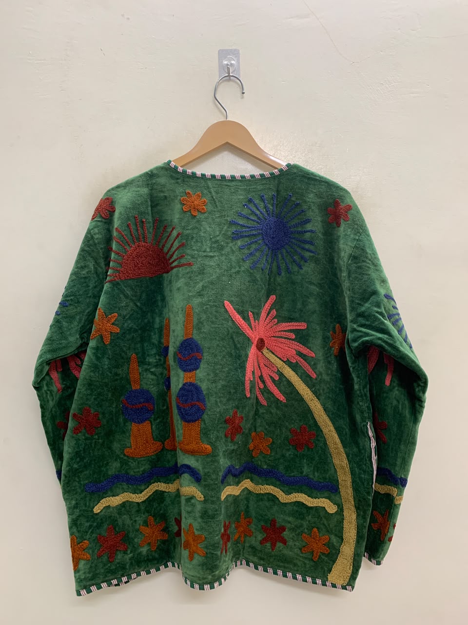 The Desert Lantern — Suzani Embroidered Velvet Jacket — Emerald Green with Sapphire & Marigold