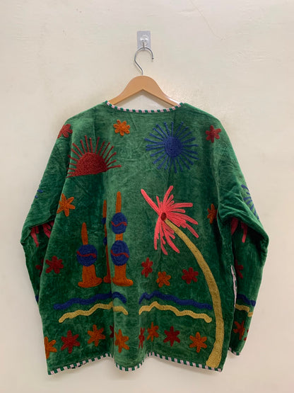 The Desert Lantern — Suzani Embroidered Velvet Jacket — Emerald Green with Sapphire & Marigold