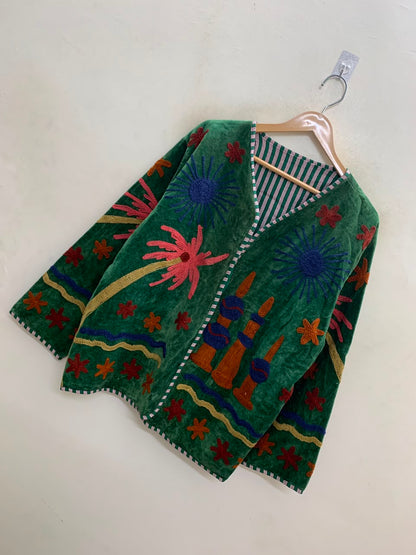 The Desert Lantern — Suzani Embroidered Velvet Jacket — Emerald Green with Sapphire & Marigold
