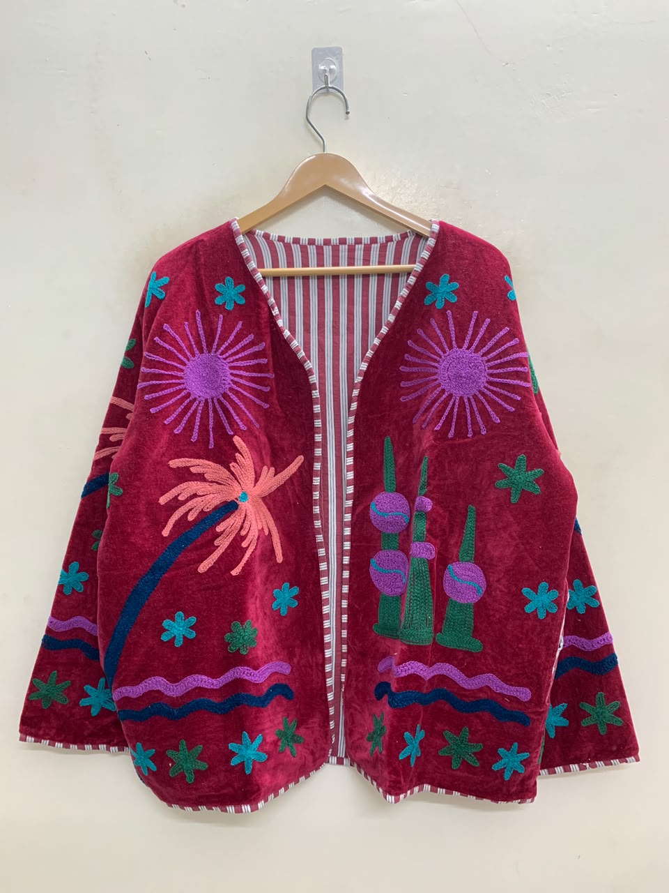 The Desert Oasis — Hand-Embroidered Suzani Velvet Jacket — Crimson Red
