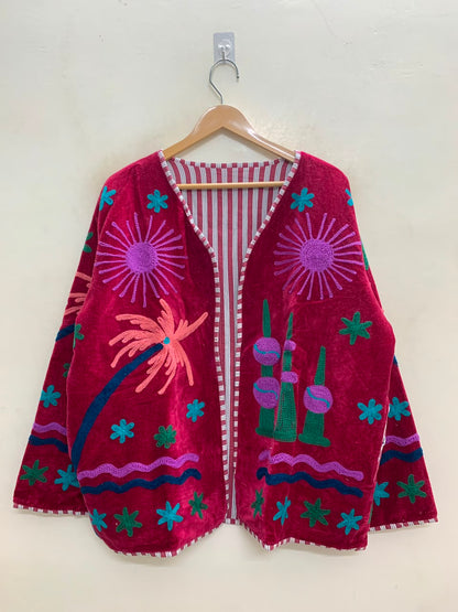 The Desert Oasis — Hand-Embroidered Suzani Velvet Jacket — Crimson Red