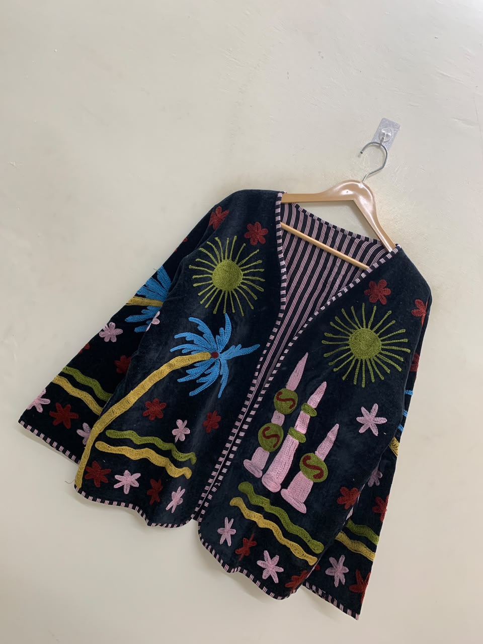 The Sundown Oasis — Suzani-Embroidered Velvet Jacket — Midnight Black with Marigold Sunbursts