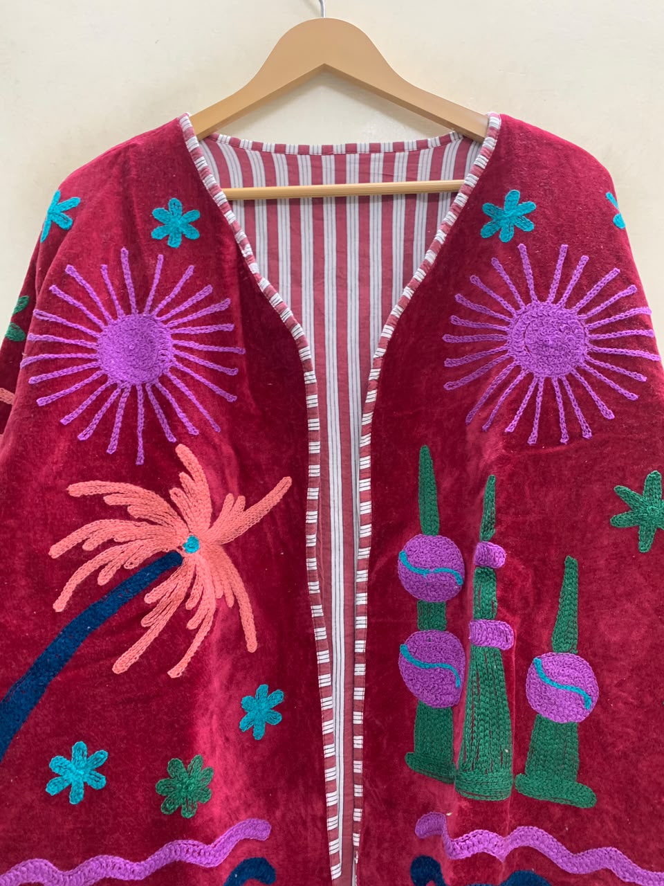 The Desert Oasis — Hand-Embroidered Suzani Velvet Jacket — Crimson Red