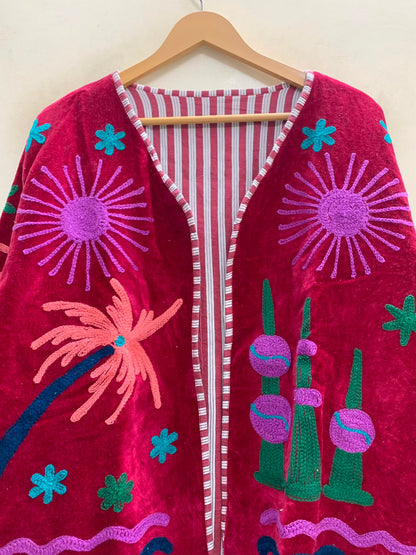 The Desert Oasis — Hand-Embroidered Suzani Velvet Jacket — Crimson Red