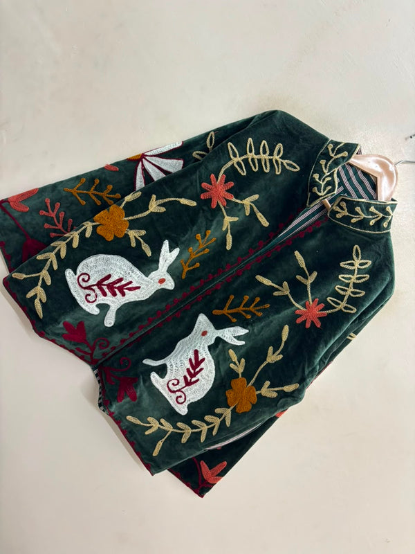The Moonlit Hare — Suzani Embroidered Velvet Jacket — Forest Green