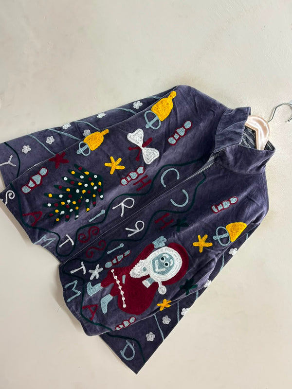 The Midnight Carol — Hand-Embroidered Velvet Jacket — Slate Purple with Festive Motifs