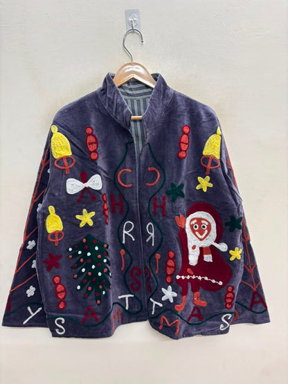 The Winter Carnival — Hand-Embroidered Velvet Jacket — Slate Grey with Festive Motifs