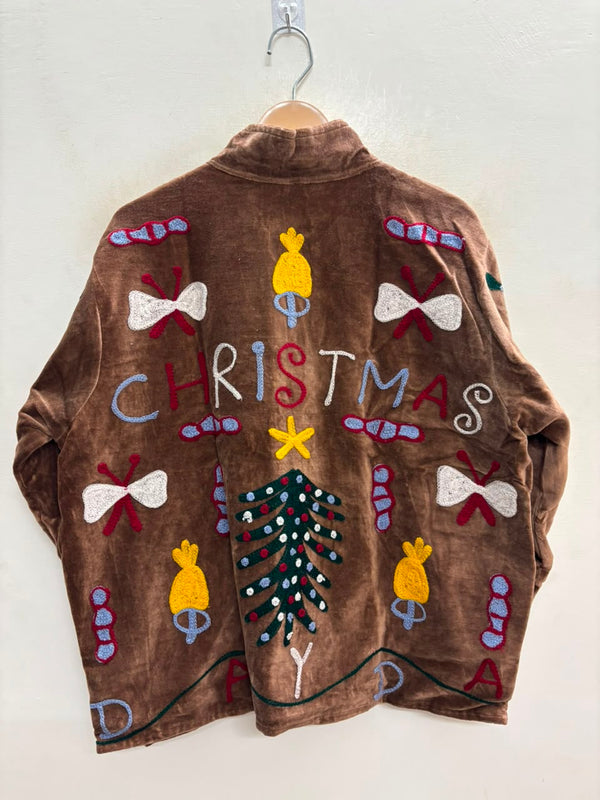 The Yuletide Reverie — Hand-Embroidered Velvet Jacket — Cocoa Brown with Festive Motifs