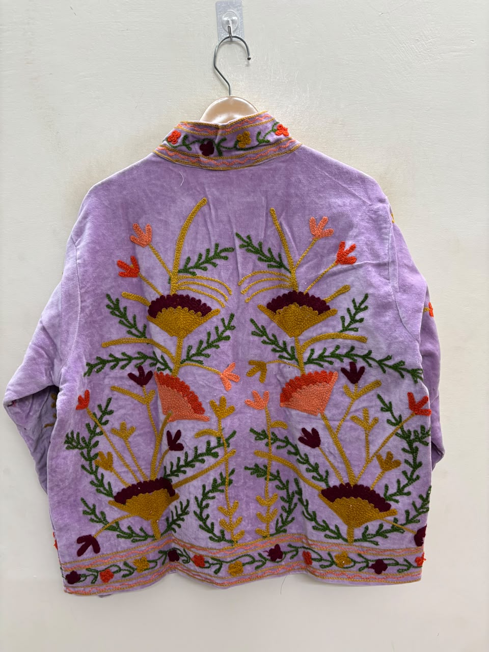 The Lilac Suzani — Suzani Embroidered Velvet Jacket — Lavender with Marigold, Rust & Wine Florals
