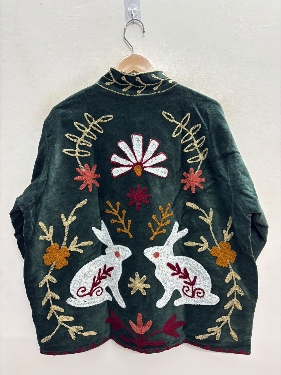 The Moonlit Hare — Suzani Embroidered Velvet Jacket — Forest Green