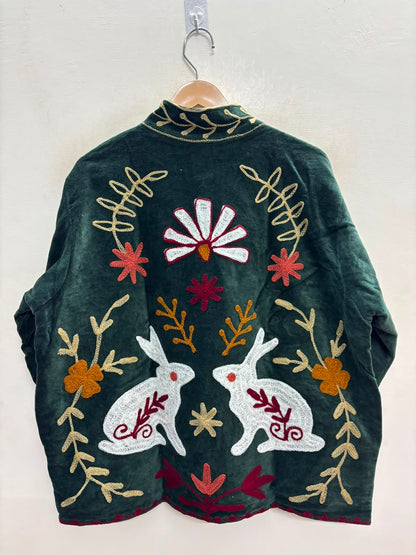 The Moonlit Hare — Suzani Embroidered Velvet Jacket — Forest Green