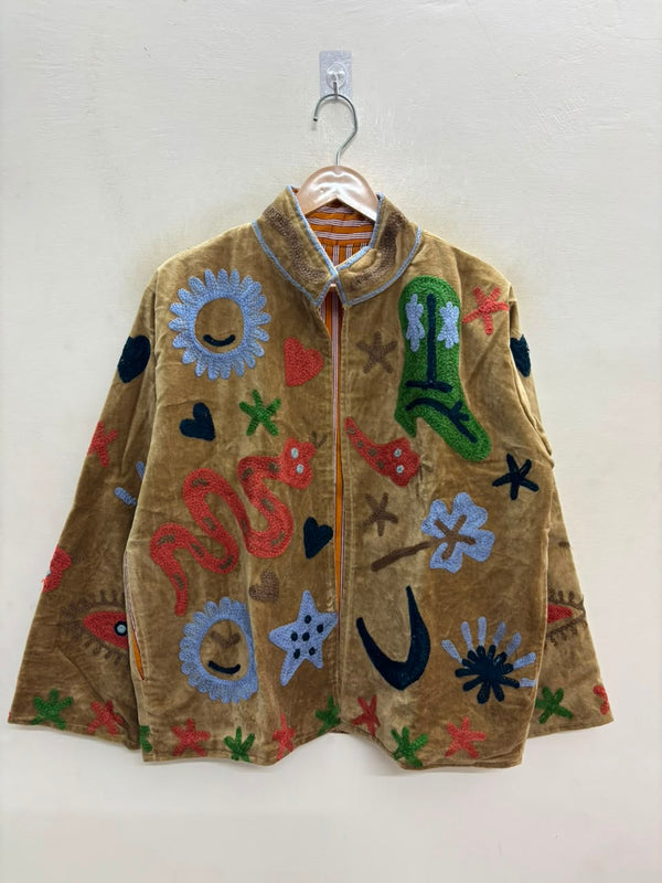 The Desert Storybook — Hand-Embroidered Velvet Jacket — Camel with Suzani Motifs