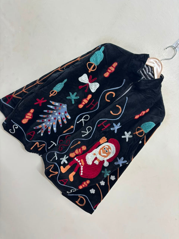 The Gingerbread Wanderer — Suzani Embroidered Velvet Jacket — Jet Black with Cardinal Red