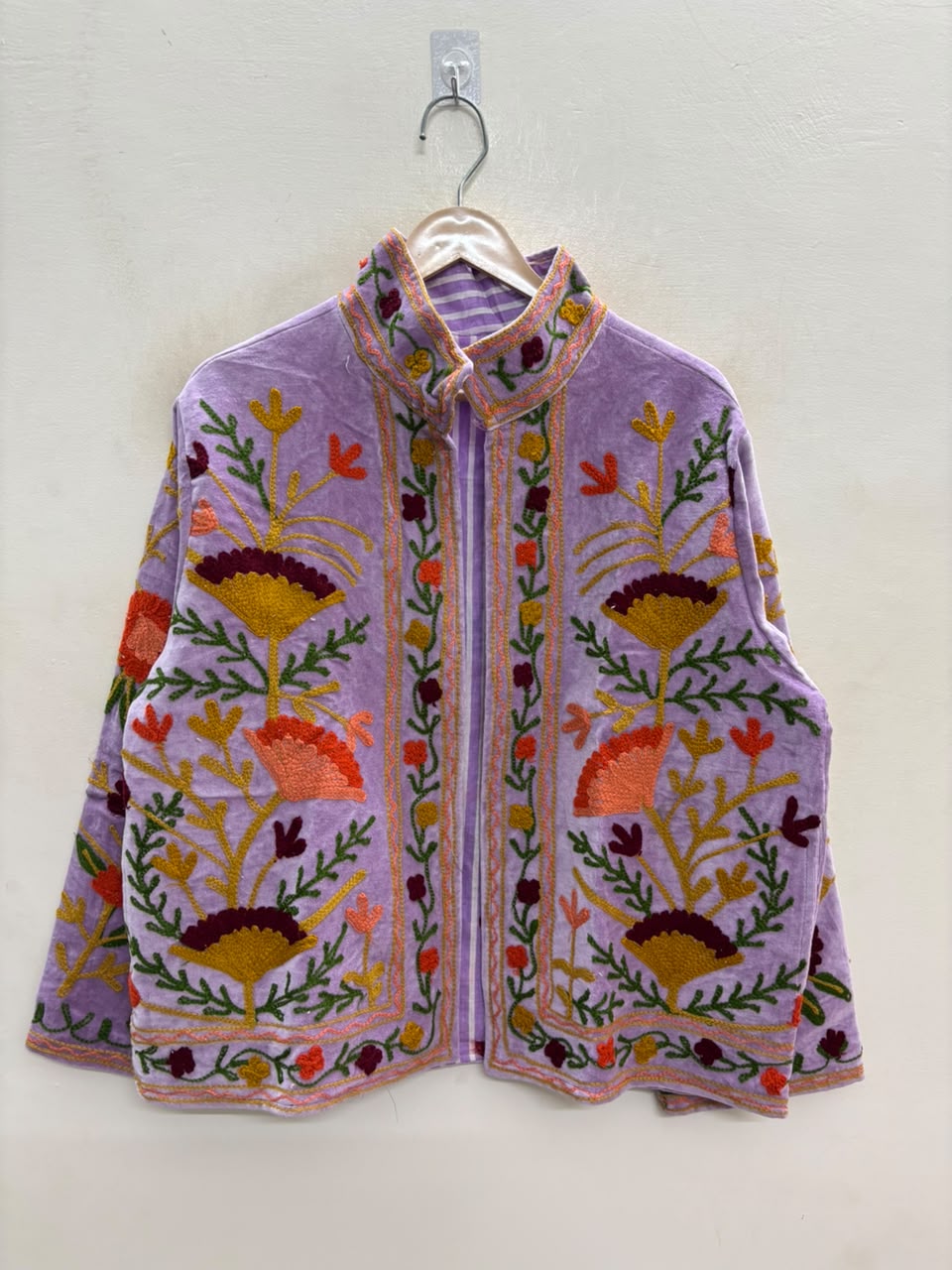 The Lilac Suzani — Suzani Embroidered Velvet Jacket — Lavender with Marigold, Rust & Wine Florals