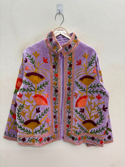 The Lilac Suzani — Suzani Embroidered Velvet Jacket — Lavender with Marigold, Rust & Wine Florals