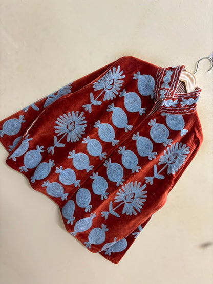 The Anar Bagh — Suzani Hand-Embroidered Velvet Cape Jacket — Rust Red with Powder Blue Motifs