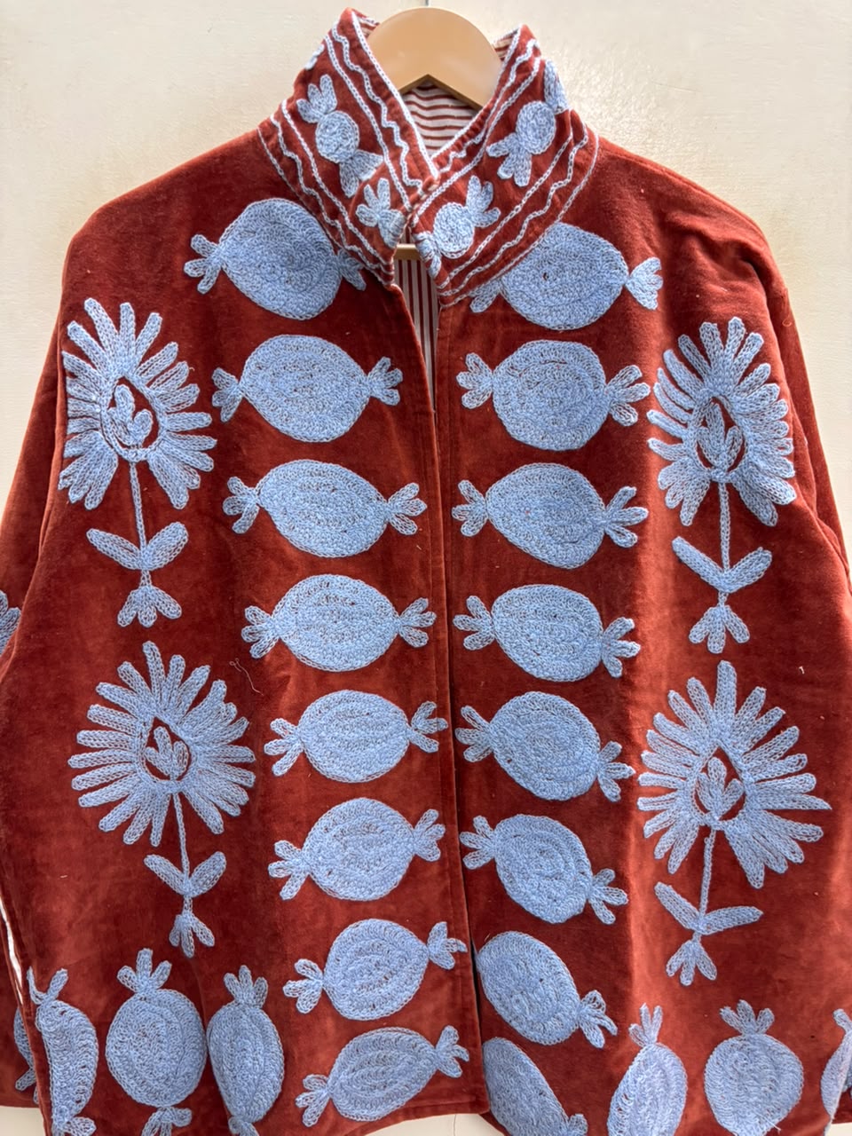 The Anar Bagh — Suzani Hand-Embroidered Velvet Cape Jacket — Rust Red with Powder Blue Motifs