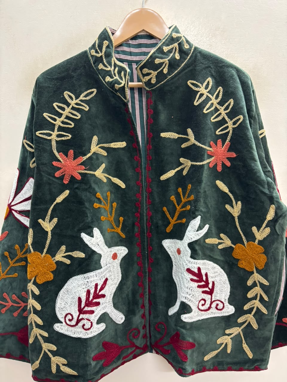 The Moonlit Hare — Suzani Embroidered Velvet Jacket — Forest Green