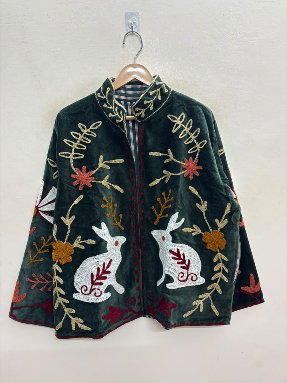 The Moonlit Hare — Suzani Embroidered Velvet Jacket — Forest Green