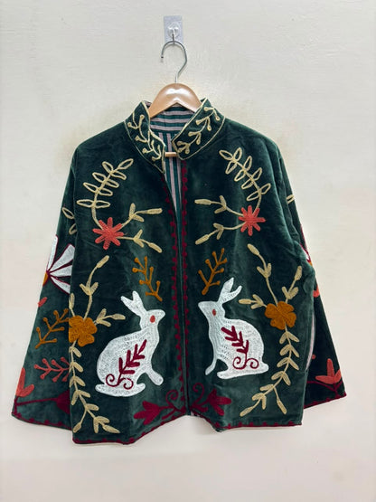 The Moonlit Hare — Suzani Embroidered Velvet Jacket — Forest Green