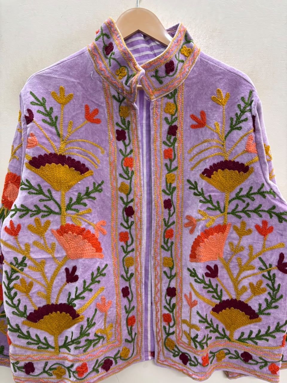 The Lilac Suzani — Suzani Embroidered Velvet Jacket — Lavender with Marigold, Rust & Wine Florals