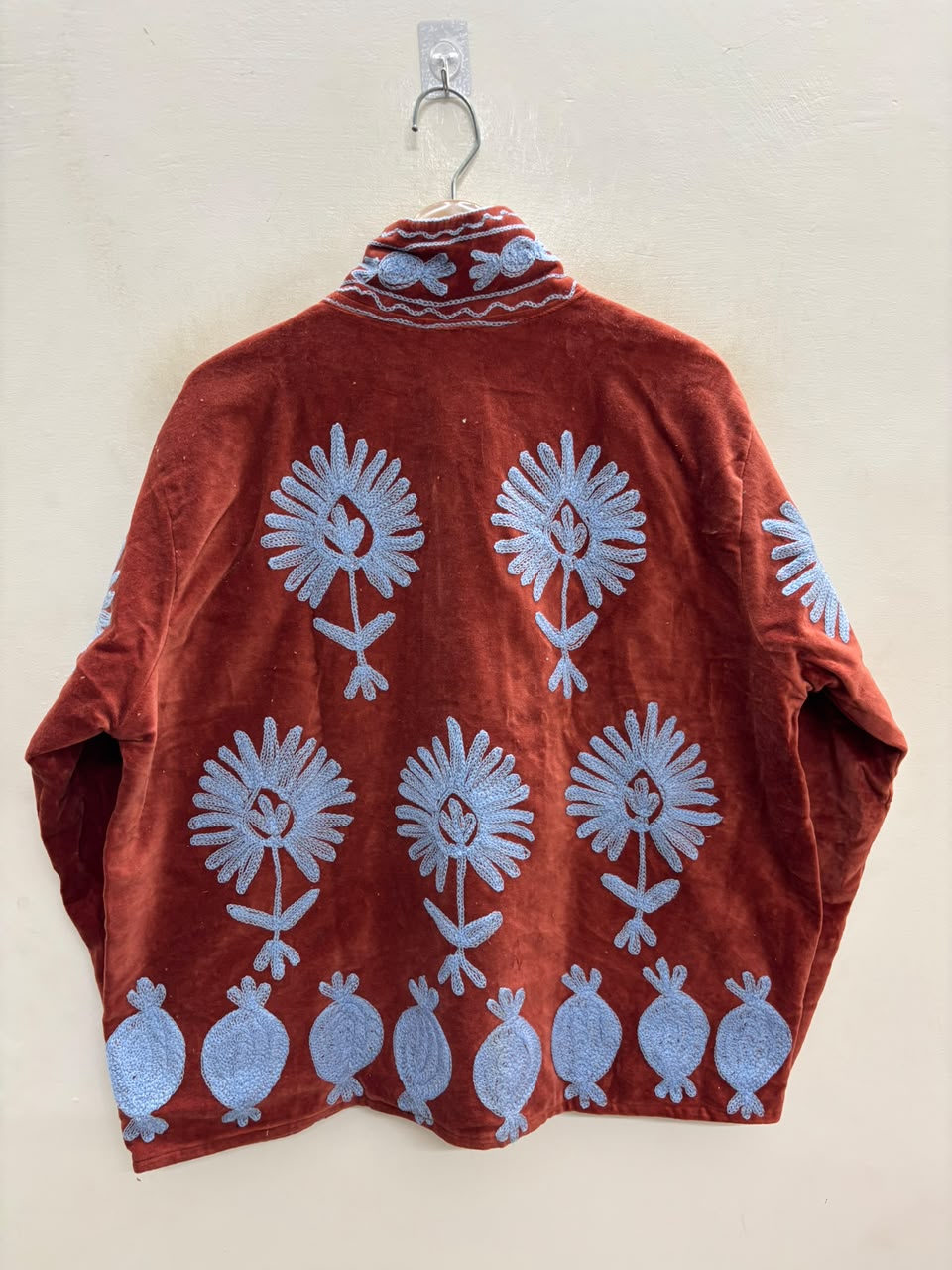 The Anar Bagh — Suzani Hand-Embroidered Velvet Cape Jacket — Rust Red with Powder Blue Motifs