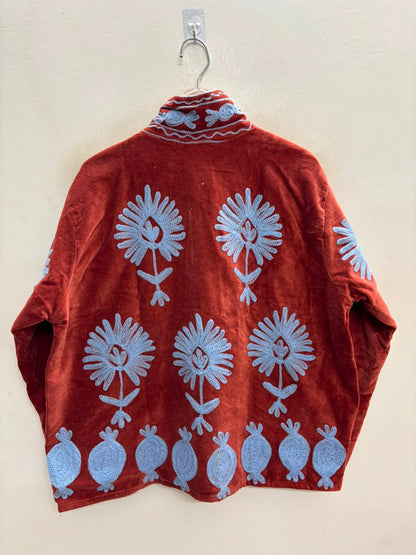 The Anar Bagh — Suzani Hand-Embroidered Velvet Cape Jacket — Rust Red with Powder Blue Motifs